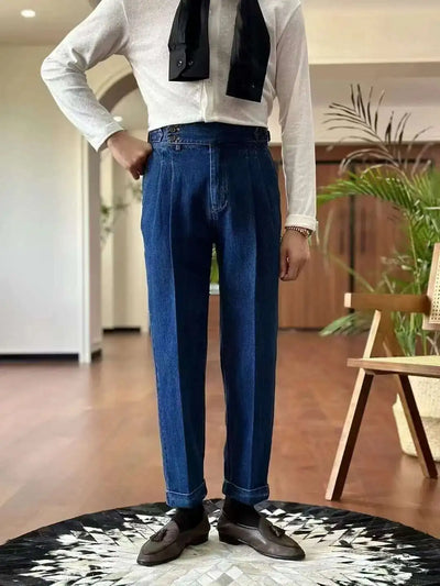 High Quality Double Pleated Jeans Straight Leg Pant Naples Straight Tube Loose Washed High Grade Business Pant Men Dress Trouser