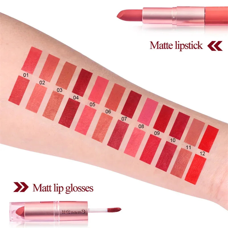 2 In 1 Double-ended Lipstick Lip Liner Pen Matte Pigment Non-stick Cup Skin Color 24H Lasting Waterproof Makeup Beauty Cosmetics