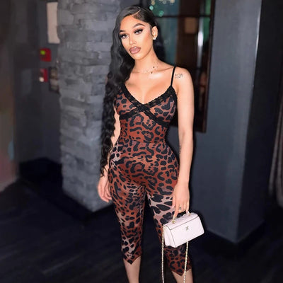 CUTENOVA New Women'S Leopard Print Lace Trim Patchwork Camisole Jumpsuit Bodycon Seven Points Jumpsuit Fashion Streetwear Romper