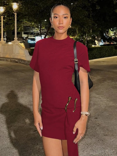 Chaxiaoa Short Sleeve Draped Sexy Mini Dress for Women Black Metal Buckle O Neck High Waist Bodycon Club Dress Vestido Clothes