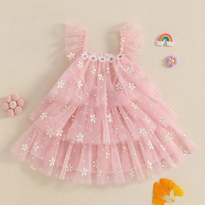 MISOWMNJOY Summer Chiffon Baby Girls Tulle Dresses Princess Daisy Print Flying Sleeve Kids A-Line Tiered Ruffle Layered Sundress