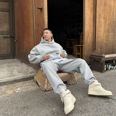 Hooded Sweatshirt Men's Autumn Winter Velvet Two-piece Set American Oversize Loose Casual Sweatpants Suit Aesthetic Streetwear