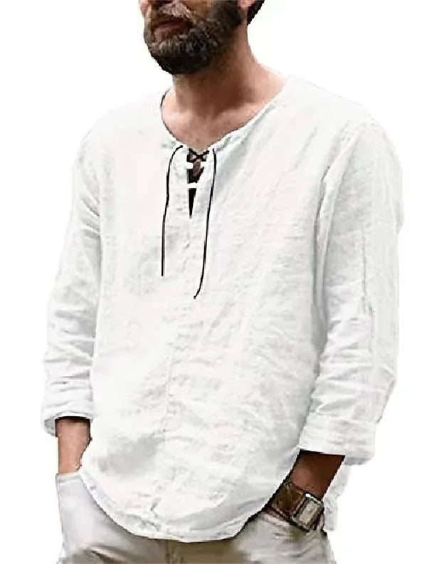 Cotton Linen Drawstring T Shirt Men's V Neck Blouse Solid Color Long Sleeves Casual Cool Tops Vikings Costume For Men M-6XL