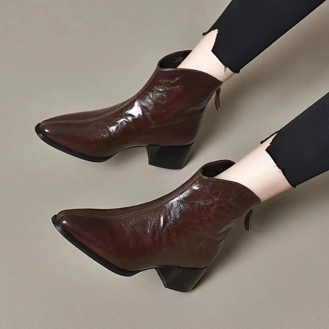 Female Short Shoes Pointed Toe Brown Fur Leather Booties Elegant with Medium Heels Women's Ankle Boots Sale Y2k Autumn Chic Boot