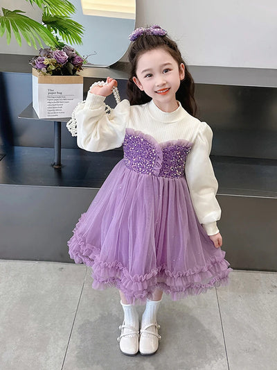 Young Girl Spring  Autumn 2025 New Style Pink Casual Dress Birthday Party Dresses for Girls Purple Fluffy Dress 2-10 Years Old
