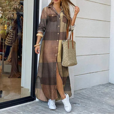 Spring And Autumn Women's Fashion Checker Print Long Shirt Dress Casual Polo Neck Long Sleeve Loose Single Breasted Pocket Dress