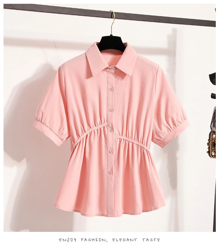 Plus Size Polo Shirt Women Summer 2025 New Korean Style Large Size Loose Chiffon Blouse Women Slim Waist Casual Tops Female