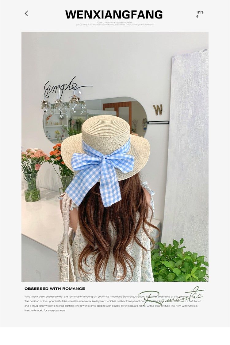 Straw Hat Japanese Style Women's Spring Summer Outing Plaid Bows