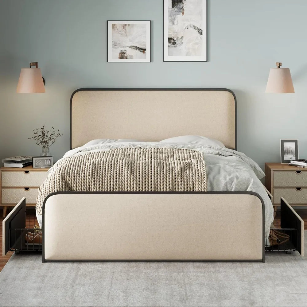 King Size Linen Curved Upholstered Headboard Footboard Bed, Metal Platform Bed Frame with 4 Storage Drawers, Heavy Duty Metal