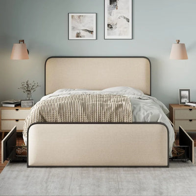 King Size Linen Curved Upholstered Headboard Footboard Bed, Metal Platform Bed Frame with 4 Storage Drawers, Heavy Duty Metal