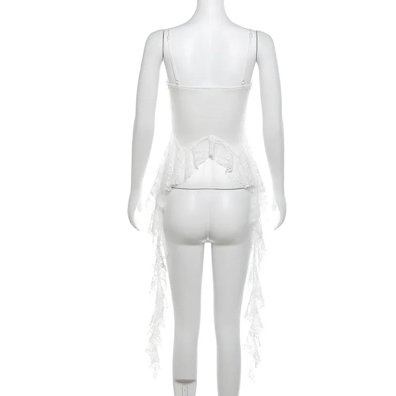 2025 Y2k Aesthetic Irregular Lace Ruffled Tank Top Women Sexy Skinny Design Corset Stretch Tube Streetwear Bandage Grunge Tanks