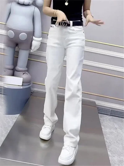 2024 Spring Plus Size High-Waisted Straight-Leg Jeans Women's Big Girl White Slimming Wide-Leg Dragging Pants