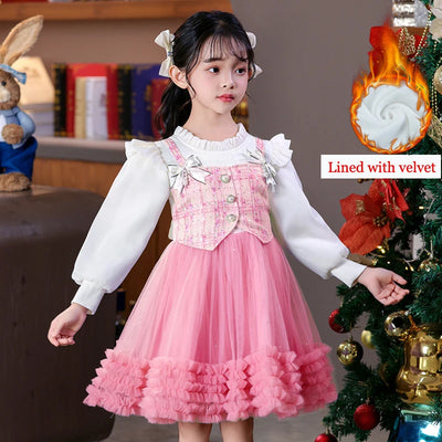 Young Girl Spring  Autumn 2025 New Style Pink Casual Dress Birthday Party Dresses for Girls Purple Fluffy Dress 2-10 Years Old