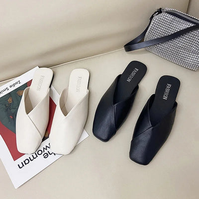 Women Mules 2024 Summer Elegant Square Closed Toe Flat Slippers Female Shoes Casual Leather Black White Slides Plus Size 35-43