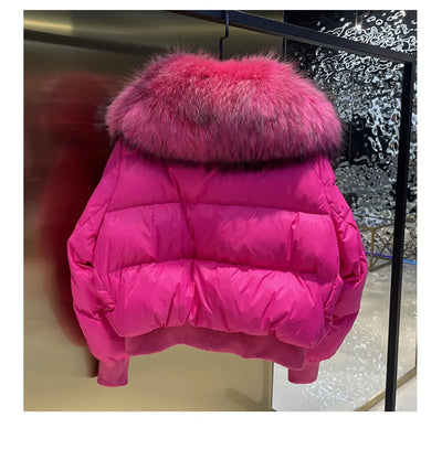 Fashionable Women's Winter Down Jacket Cropped Fox Fur Collar High End 90% White Duck Feather Coat Thick Long Sleeves