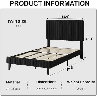 Twin Bed Frame, Velvet Upholstered Platform Bed with Vertical Channel Tufted Headboard and Footboard, No Box Spring Required