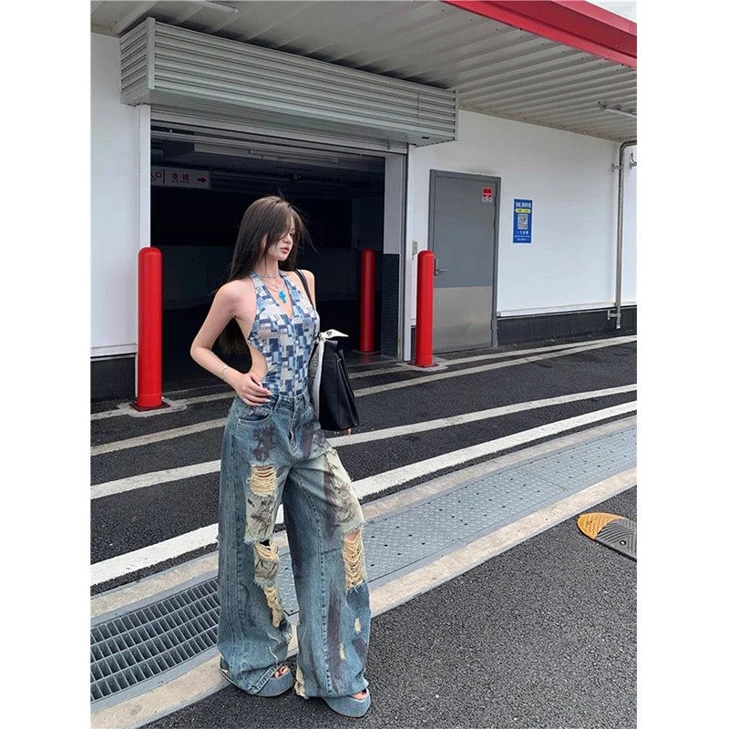 Y2K Ripped Jeans Women Vintage Streetwear Hole Wide Leg Denim Pants Harajuku Aesthetic Gyaru Baggy Design Straight Trousers New