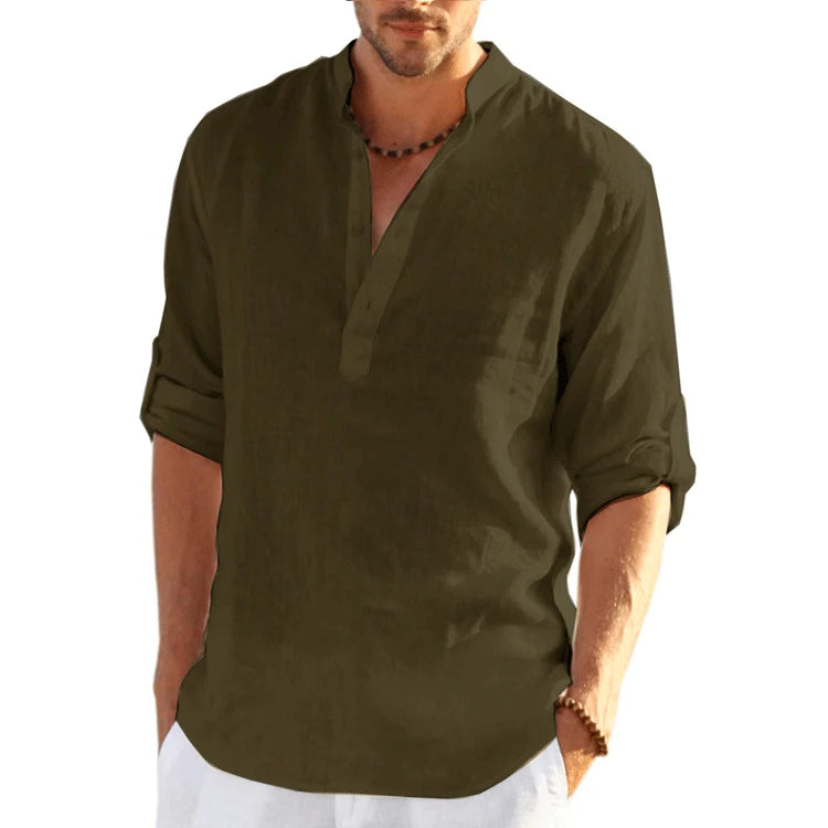 Men Cotton Linen T-shirts Summer V Collarless Long Sleeve Solid Sand Beachwear Office Man Tee Shirt Tops BSDFS-ZT167