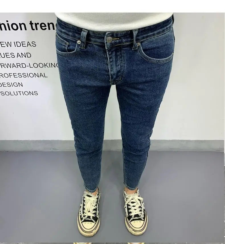 New Men's Slim Denim Jeans Casual Spring and Autumn Stretchy Skinny Pants Korean Style Trendy Cowboy Hip Hop Cropped Trousers