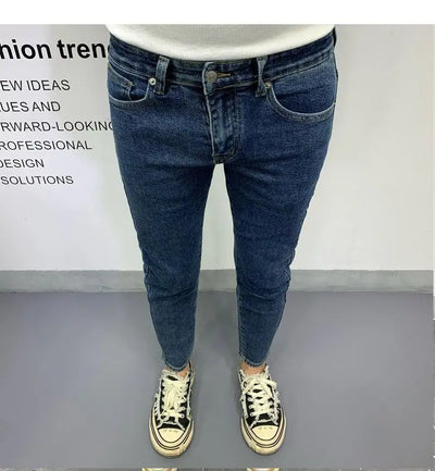 New Men's Slim Denim Jeans Casual Spring and Autumn Stretchy Skinny Pants Korean Style Trendy Cowboy Hip Hop Cropped Trousers