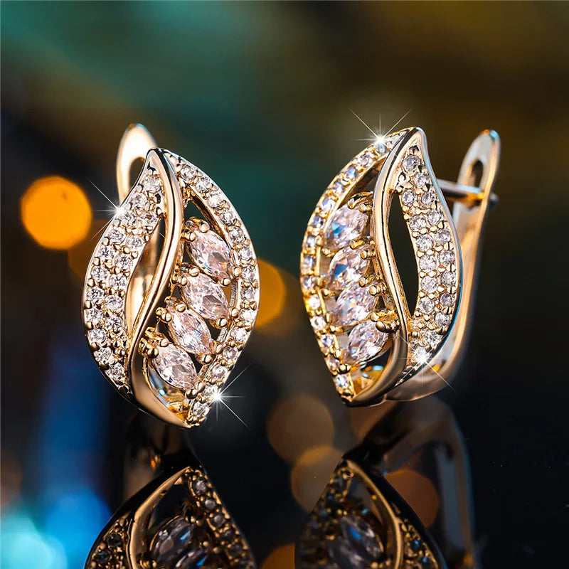 Cute White Zircon Stone Leaf Hoop Earrings For Women Female Gold Color Wedding Jewelry Gift