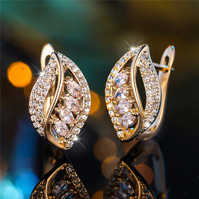 Cute White Zircon Stone Leaf Hoop Earrings For Women Female Gold Color Wedding Jewelry Gift