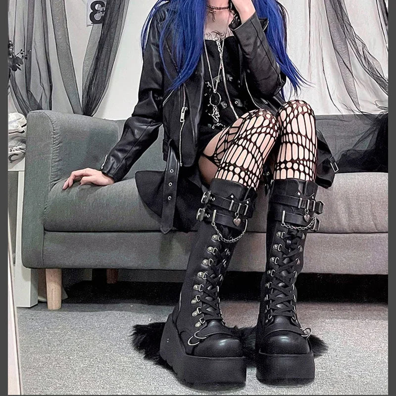 Metal Buckle Chunky Platform Punk Boots Women 2024 Winter Gothic Thick Bottom Knee High Boots Woman Black Wedges Cosplay Shoes