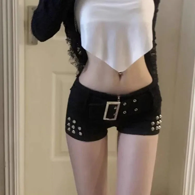 Y2k Grunge Rivet Low-waisted Denim Shorts for Women High Waist Bodycon Short Pants Spring New Thicked Warm Bottoming  Ropa Mujer