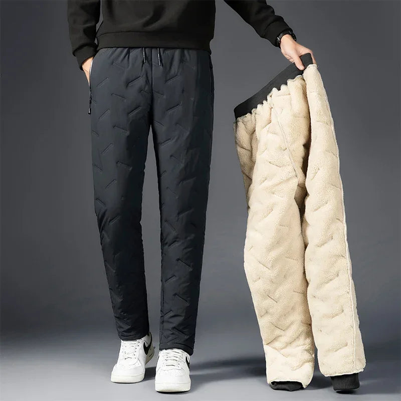 Winter Zip Pockets Thicken Fleece Sweatpants Men Jogger Black  Down Sport Warm Pants Male Water Proof Thermal Trousers