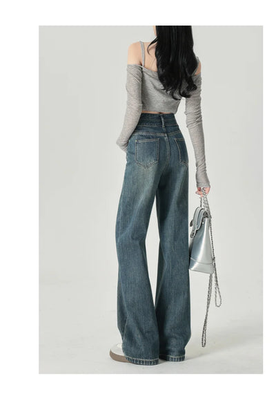 Women's Narrow Cut Wide Leg Jeans With High Waist And Hanging Feeling Straight Leg Casual Look Slim Contrasting Colors Pants