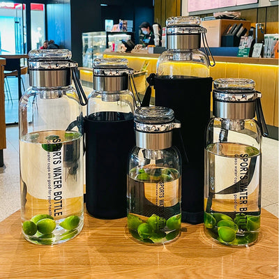 Sports Glass Water Bottle 2L Capacity Free Cup Cover (with Shoulder Strap)  Portable Leak-proof Drinking Stainless Steel Lid