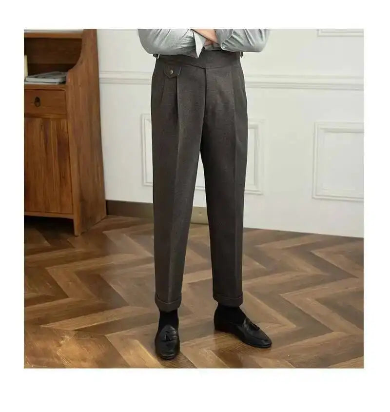 2023 Autumn Winter Men's Warm Retro Straight Trouser Male Casual British High Waist Pants Office-trousers Dress Pant Trousers
