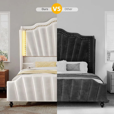 Queen Size Platform Bed Frame with 60" Tall Wingback Headboard and Footboard, Velvet Upholstered Bed with LED Light,Bed Frame