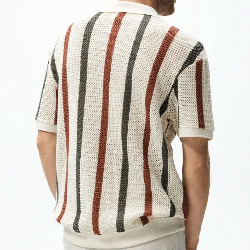 Men's Sexy See-through Knit Shirt Breathable Hollow Striped Shirt Summer New Men's Thin Coat Men's Clothing Hawaiian Shirt Tops