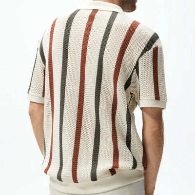 Men's Sexy See-through Knit Shirt Breathable Hollow Striped Shirt Summer New Men's Thin Coat Men's Clothing Hawaiian Shirt Tops