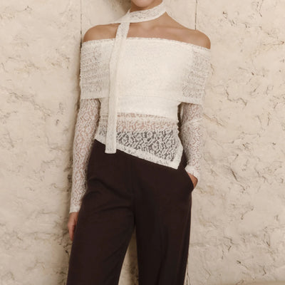 Women’s See-Through Fitted Long Sleeve Shirt Off Shoulder Lace Tops Long Sleeve Solid Color Ruched T-Shirt Blouse with Scarf