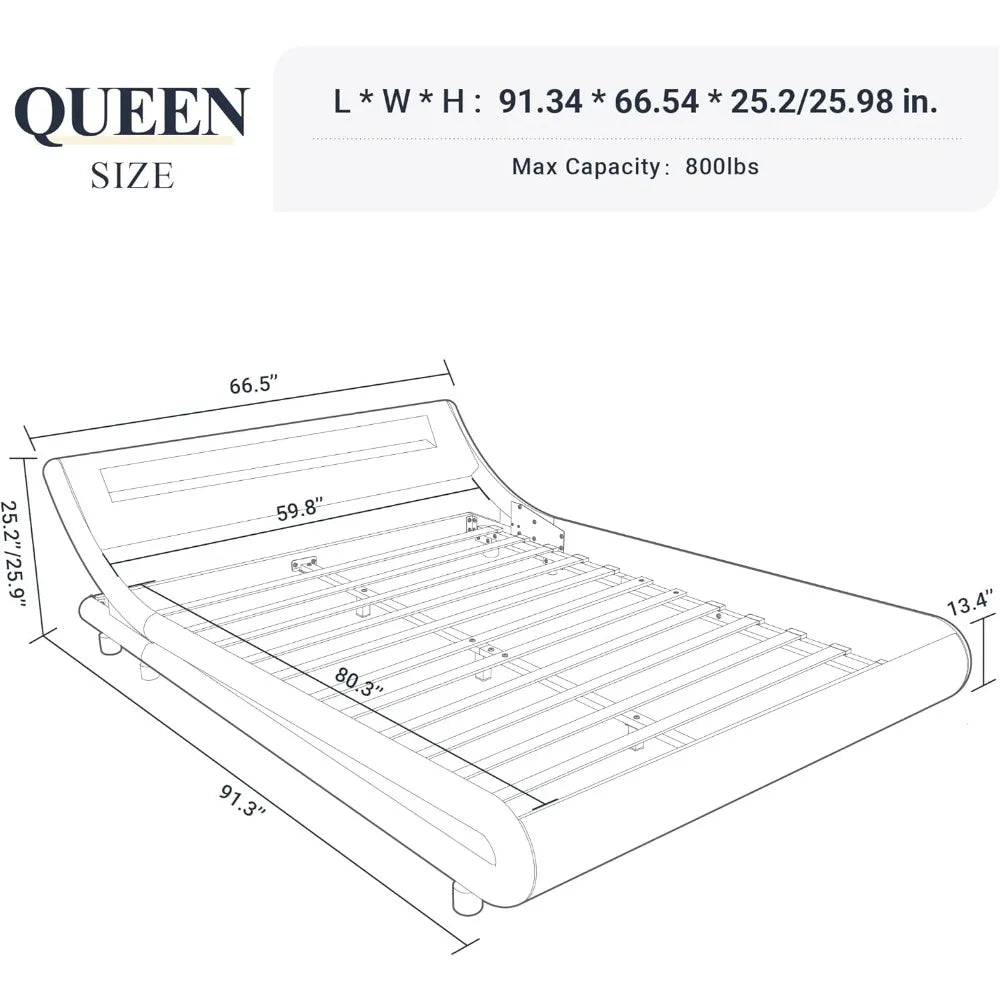 queen size led platform bed frame with adjustable headboard/no box spring need/easy assembly/faux leather in black
