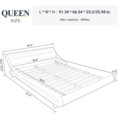 queen size led platform bed frame with adjustable headboard/no box spring need/easy assembly/faux leather in black