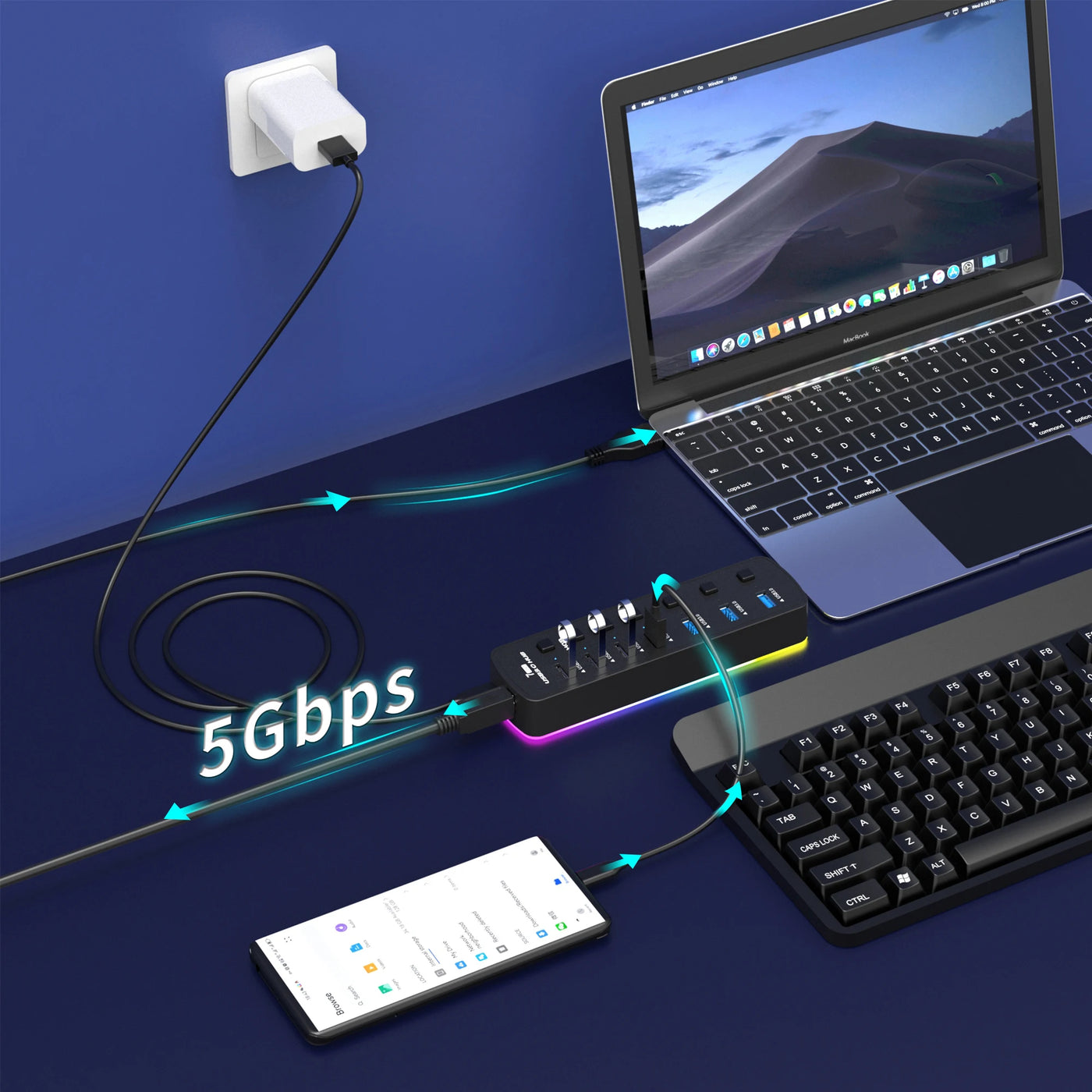 RGB USB 3.0 Hub 7 Ports Data Port Adapter 5Gbps Individual On/Off Switch Splitter Gaming USB Hub For Laptop PC Computer Accessor