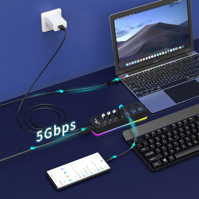 RGB USB 3.0 Hub 7 Ports Data Port Adapter 5Gbps Individual On/Off Switch Splitter Gaming USB Hub For Laptop PC Computer Accessor