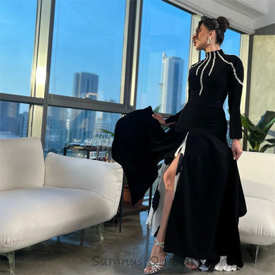 Black Formal Dubai Event Prom Dresses A Line Party Dress Shiny High Neck Evening Gowns Women Birthday Gowns Customized