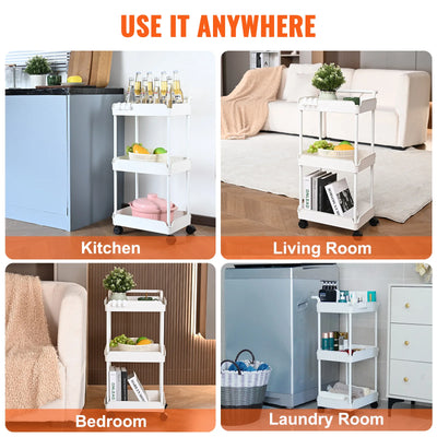 3-Tier Rolling Utility Cart Kitchen Cart with Lockable Wheels Multi-Functional Storage Trolley with Handle Movable