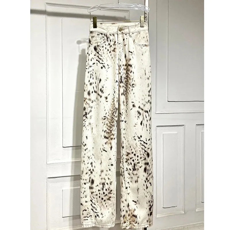 Leopard Print Straight Wide Leg Jeans Women High Waisted Retro Jeans Streetwear Y2k Vintage Pants High Street Denim Trousers