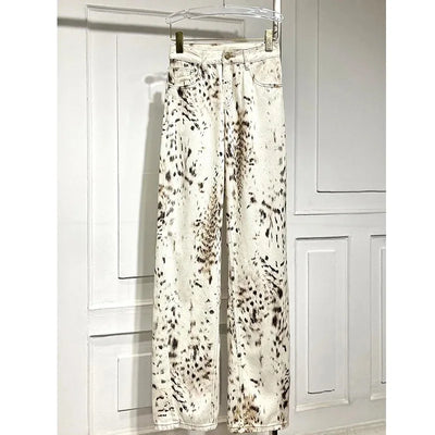 Leopard Print Straight Wide Leg Jeans Women High Waisted Retro Jeans Streetwear Y2k Vintage Pants High Street Denim Trousers