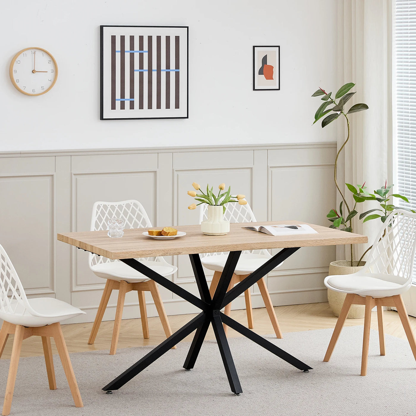 Modern Minimalist Rectangular Dining Table With Metal Base, For 4 - 6 People, Suitable For Kitchen/Dining Room, 140*80cm