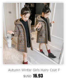 Autumn Winter Girls Hairy Coat Fashion Design Long Coat for Girls Kids Outerwear Grid Pattern Warm Winter Jacket Coats 4-12T