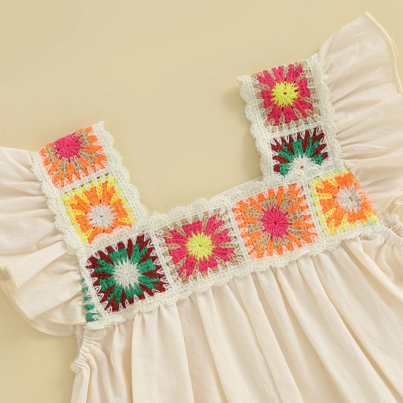 Infant Baby Girl Summer Romper Retro Ethnic Style Fly Sleeve Square Neck Floral Embroidery Wide Leg Shorts Jumpsuit Playsuit