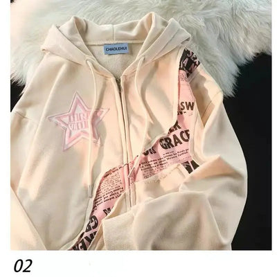 Harajuku High Street Star Letter Printed Patchwork Cardigan Sweatshirt Women Spring Autumn Zip Jacket Y2k Streetwear Hip Hop New