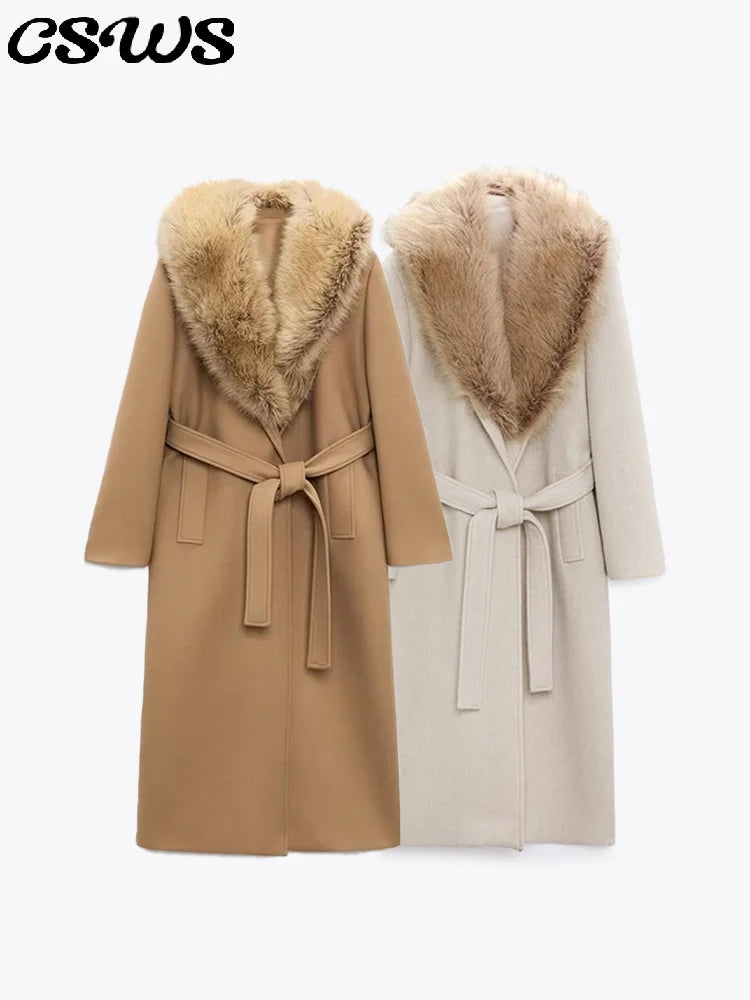 Elegant Fur Lapel Long Coat Women With Belt Woolen Full Sleeve Lace Up Loose Thicken Overcoat 2025 Spring Solid Pocket Outwear