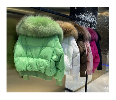Fashionable Women's Winter Down Jacket Cropped Fox Fur Collar High End 90% White Duck Feather Coat Thick Long Sleeves